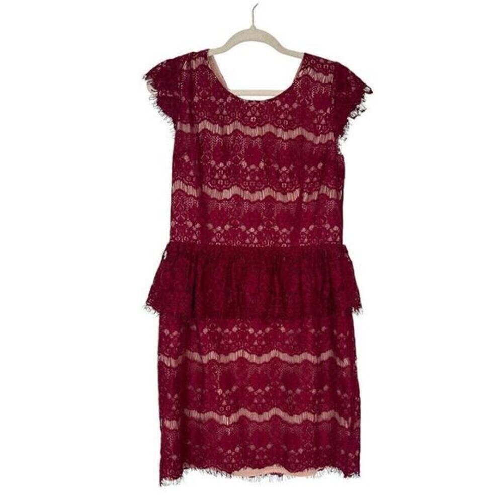 Anthropologie Maeve Lace Dress Large Maroon Red Eyelash Overlay Peplum Elsa Mini